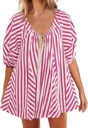 Sun Dresses for Women 2024 Casual Stripes Print Oversized Babydoll Mini Dress Short Sleeve V-Neck Lace Up Sundresses