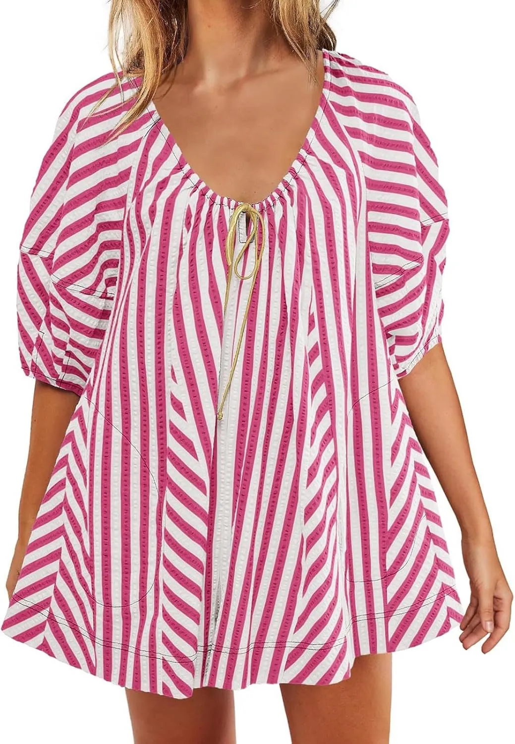 Sun Dresses for Women 2024 Casual Stripes Print Oversized Babydoll Mini Dress Short Sleeve V-Neck Lace Up Sundresses
