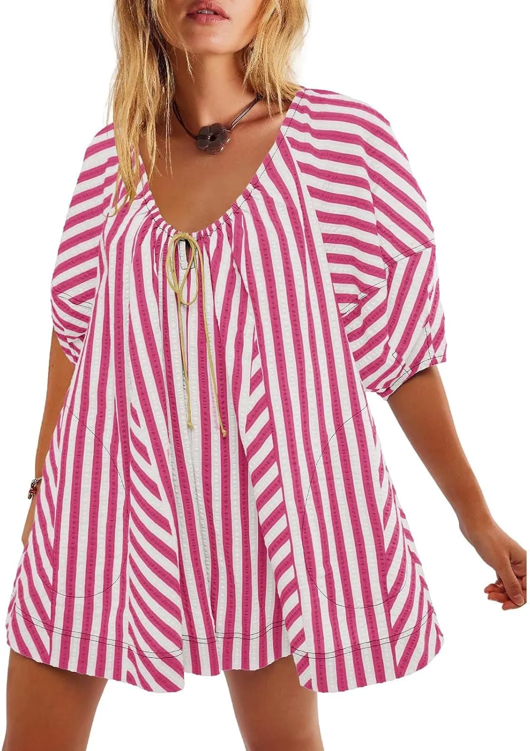 Sun Dresses for Women 2024 Casual Stripes Print Oversized Babydoll Mini Dress Short Sleeve V-Neck Lace Up Sundresses