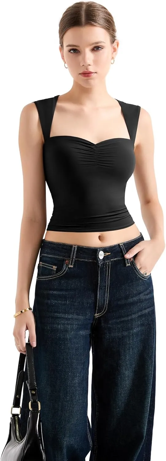 SUUKSESS Women Sweetheart V Neck Backless Tank Tops Double Lined Going Out Crop Tops