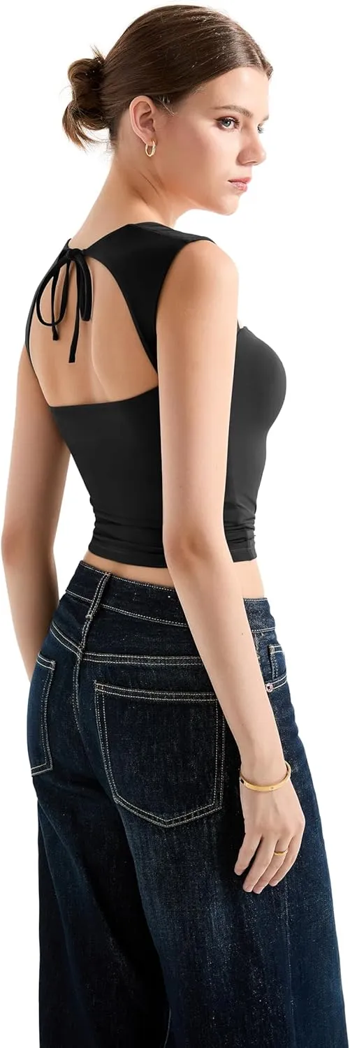 SUUKSESS Women Sweetheart V Neck Backless Tank Tops Double Lined Going Out Crop Tops