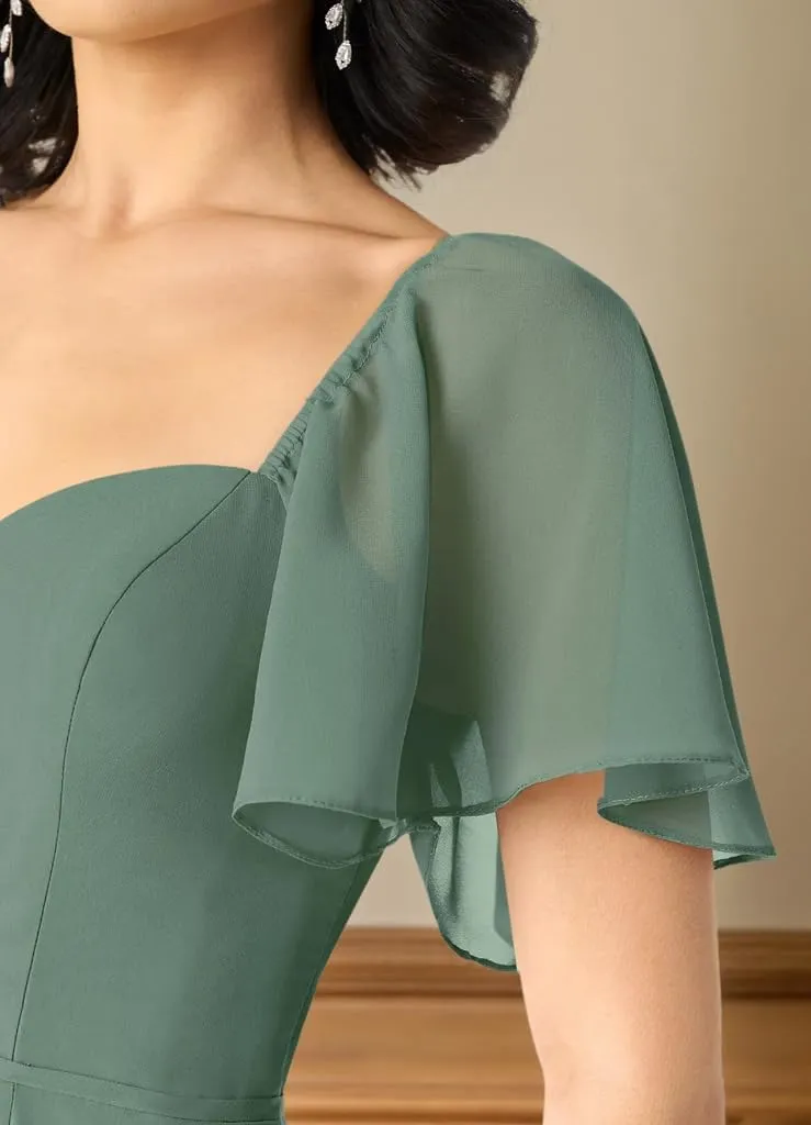Sweetheart Neckline A-Line Bridesmaid Dresses Ruffle Sleeve V Back Chiffon Prom Formal Dresses with Slit P122