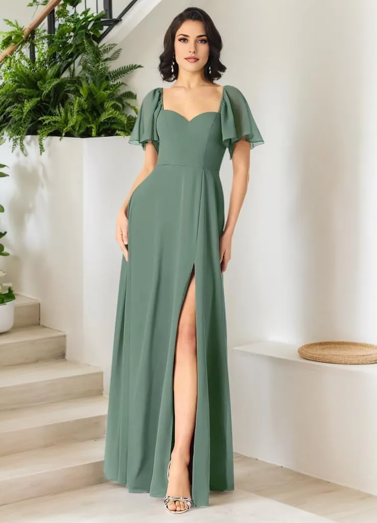 Sweetheart Neckline A-Line Bridesmaid Dresses Ruffle Sleeve V Back Chiffon Prom Formal Dresses with Slit P122