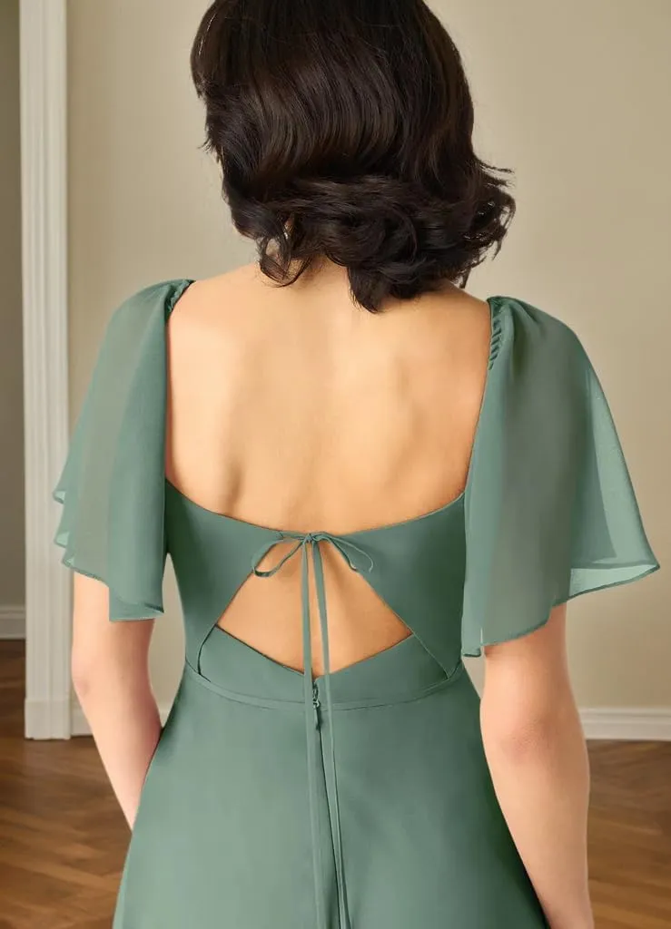Sweetheart Neckline A-Line Bridesmaid Dresses Ruffle Sleeve V Back Chiffon Prom Formal Dresses with Slit P122