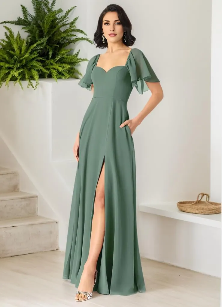 Sweetheart Neckline A-Line Bridesmaid Dresses Ruffle Sleeve V Back Chiffon Prom Formal Dresses with Slit P122