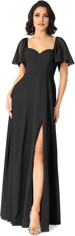 Sweetheart Neckline A-Line Bridesmaid Dresses Ruffle Sleeve V Back Chiffon Prom Formal Dresses with Slit P122
