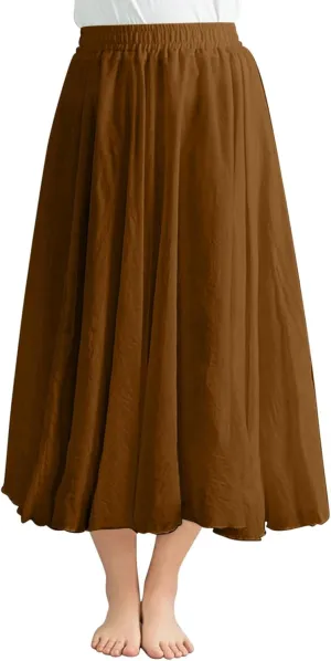 TANGNADE Womens Skirts Midi Length Elastic High Waist Summer Casual Flowy Swing Boho Skirt Trendy Travel Beach Dress