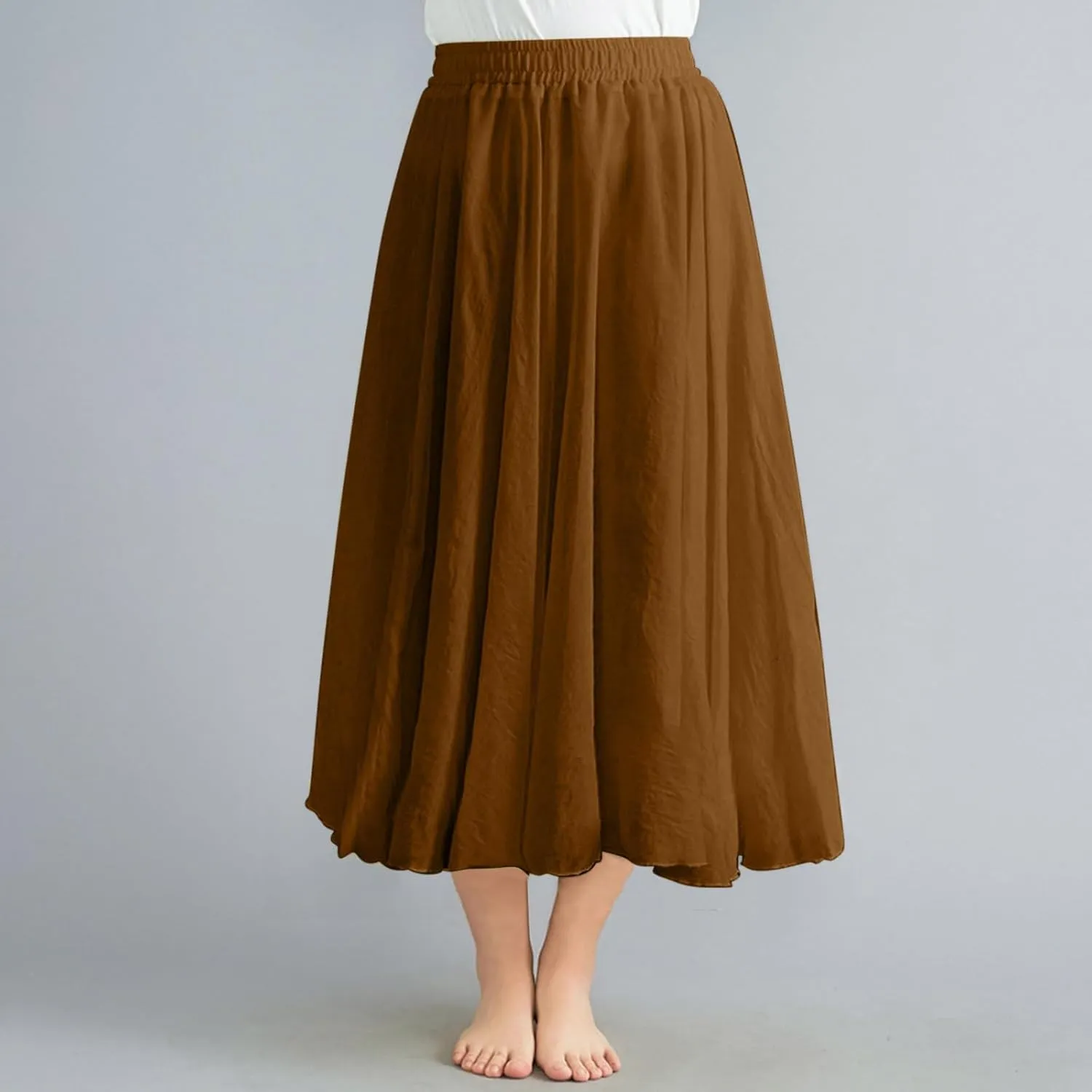 TANGNADE Womens Skirts Midi Length Elastic High Waist Summer Casual Flowy Swing Boho Skirt Trendy Travel Beach Dress