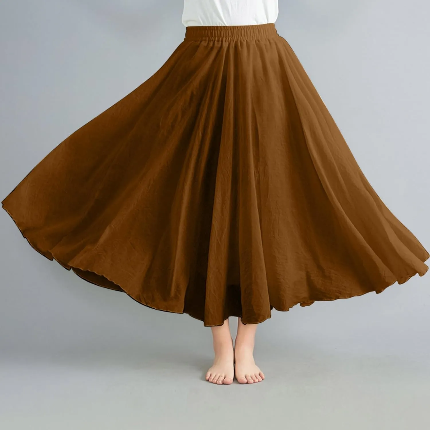 TANGNADE Womens Skirts Midi Length Elastic High Waist Summer Casual Flowy Swing Boho Skirt Trendy Travel Beach Dress