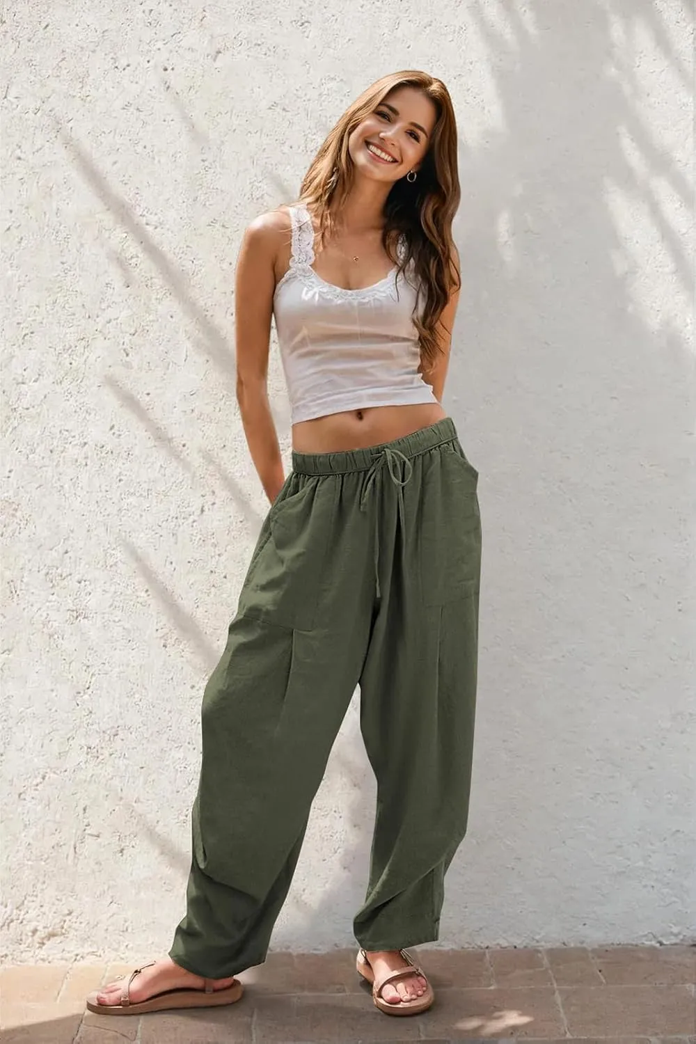 TARSE Women Linen Baggy Harem Pants Summer Drawstring Casual Lounge Pant 2024 Beach Travel Vacation Clothes with Pockets