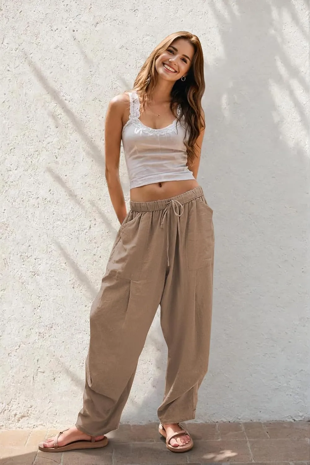 TARSE Women Linen Baggy Harem Pants Summer Drawstring Casual Lounge Pant 2024 Beach Travel Vacation Clothes with Pockets