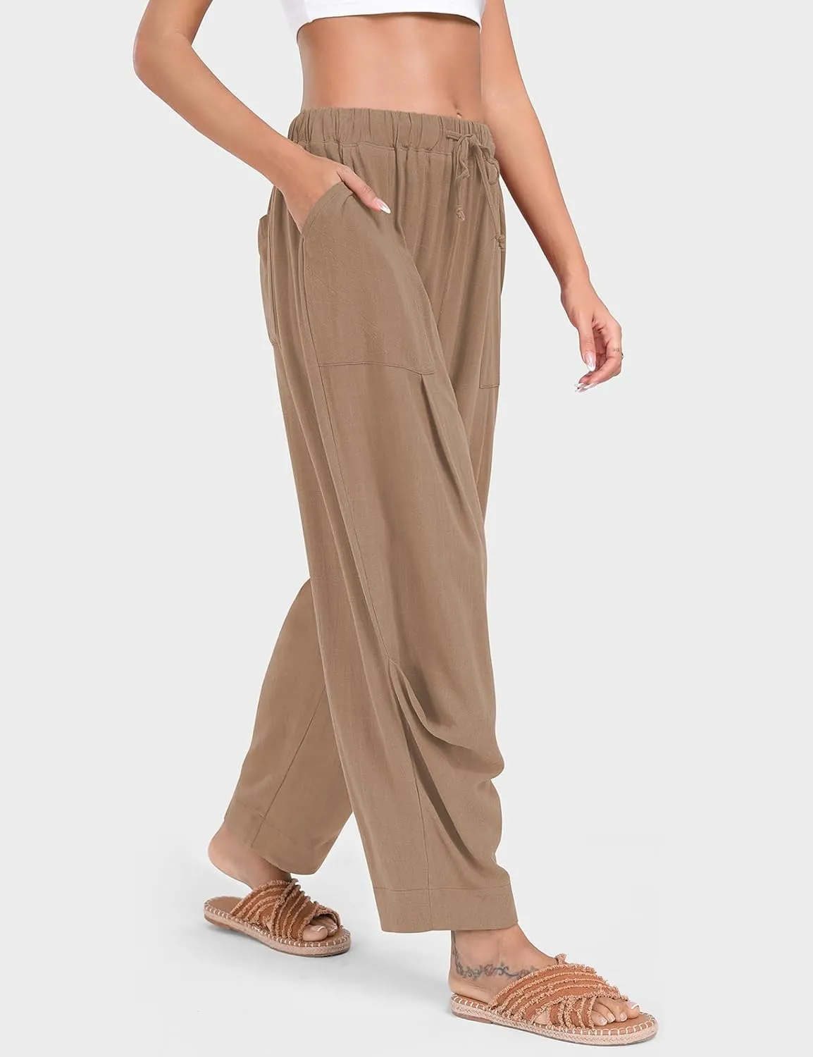TARSE Women Linen Baggy Harem Pants Summer Drawstring Casual Lounge Pant 2024 Beach Travel Vacation Clothes with Pockets