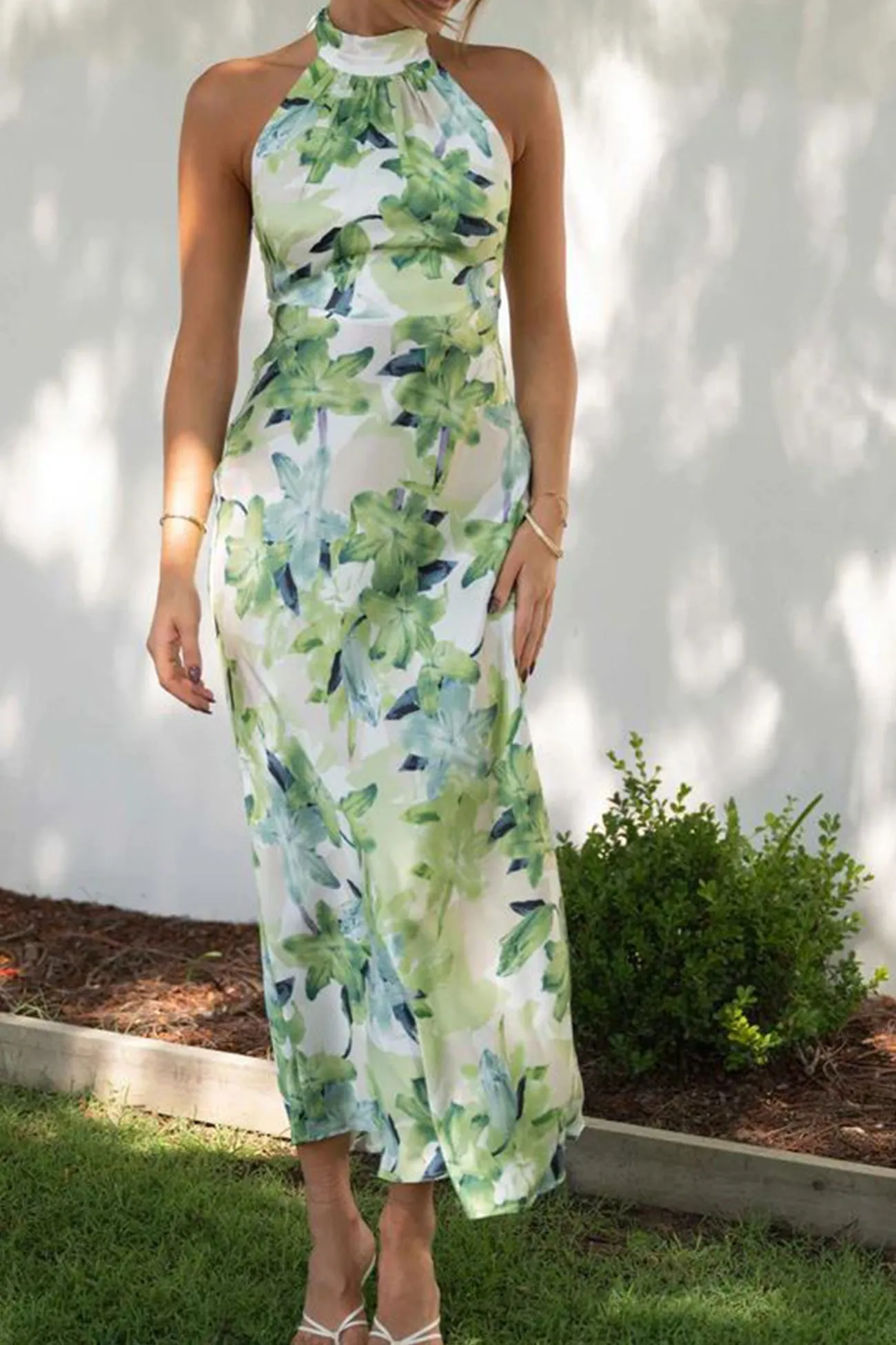 TastyHottie - Satin Mock Neck Leaf Print Tie-back Dress