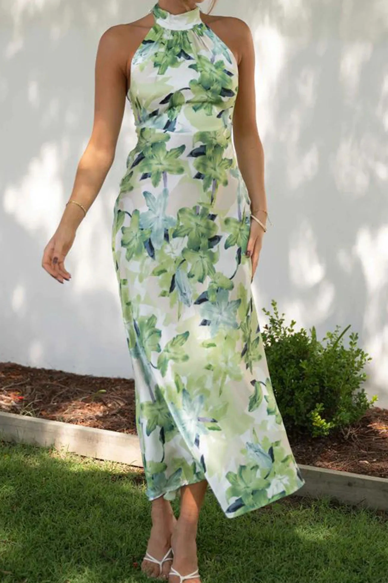 TastyHottie - Satin Mock Neck Leaf Print Tie-back Dress