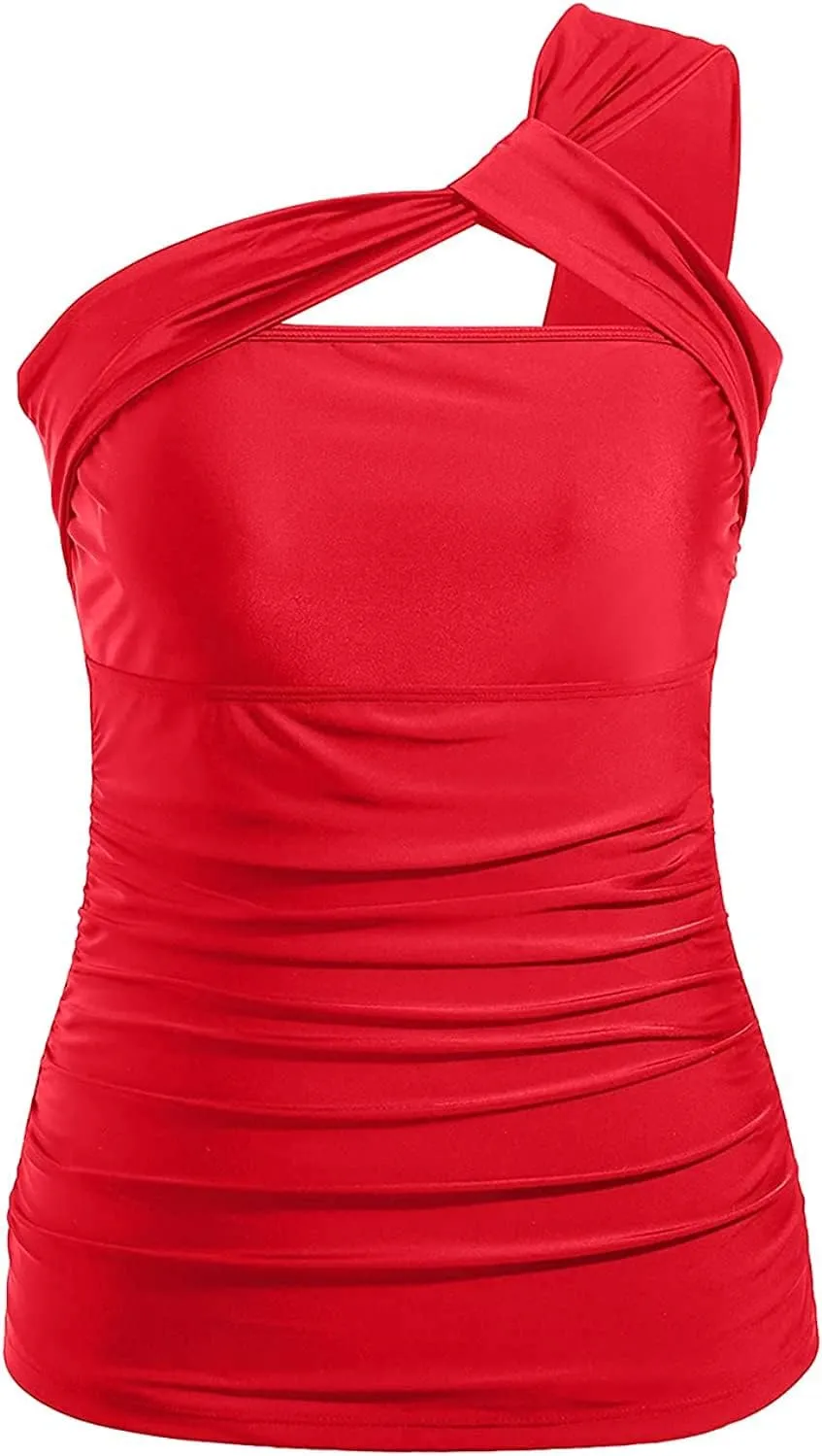Tempt Me Women Tankini Top Swim Tops Ruched One Shoulder Bathing Suit Swimsuit Tops Only