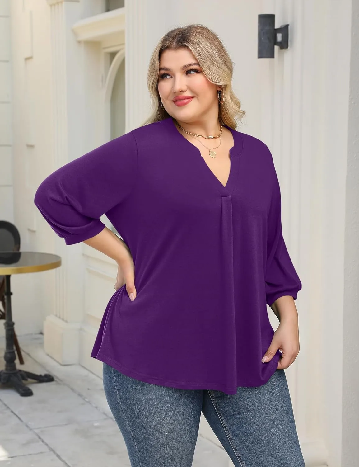 TFSDOD Plus Size Tops for Women 3/4 Length Puff Sleeve Tops V Neck T Shirts Spring Summer Tunics Tops Fashion 2025 XL-5XL