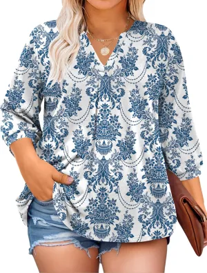 TFSDOD Plus Size Tops for Women 3/4 Length Puff Sleeve Tops V Neck T Shirts Spring Summer Tunics Tops Fashion 2025 XL-5XL