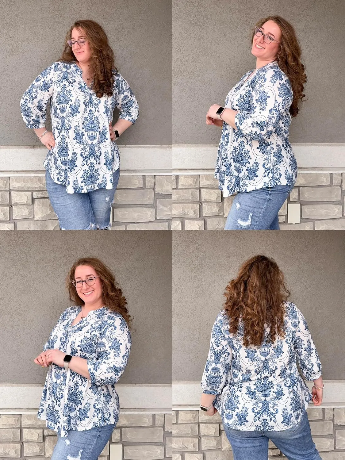 TFSDOD Plus Size Tops for Women 3/4 Length Puff Sleeve Tops V Neck T Shirts Spring Summer Tunics Tops Fashion 2025 XL-5XL