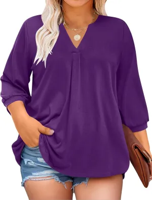 TFSDOD Plus Size Tops for Women 3/4 Length Puff Sleeve Tops V Neck T Shirts Spring Summer Tunics Tops Fashion 2025 XL-5XL