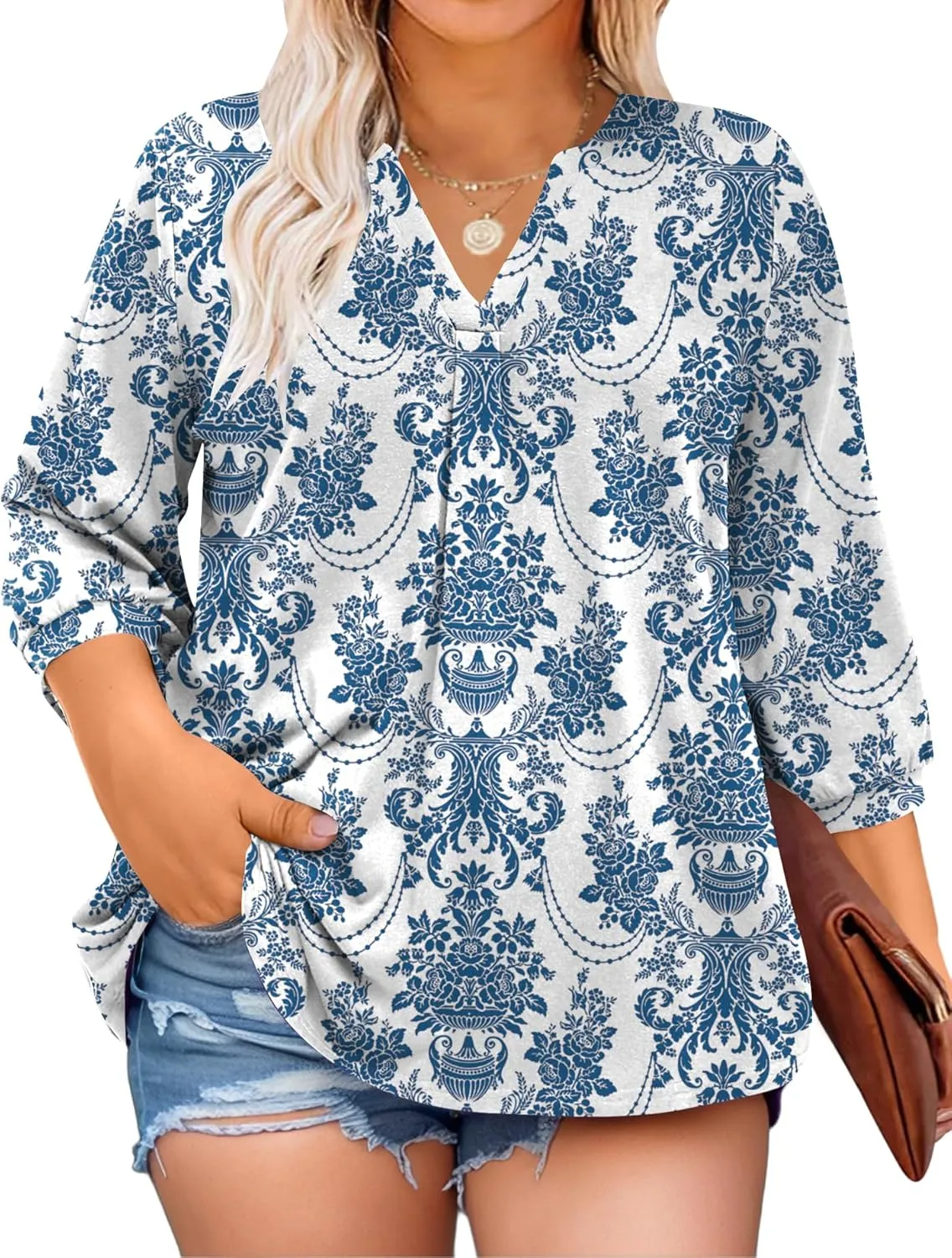 TFSDOD Plus Size Tops for Women 3/4 Length Puff Sleeve Tops V Neck T Shirts Spring Summer Tunics Tops Fashion 2025 XL-5XL