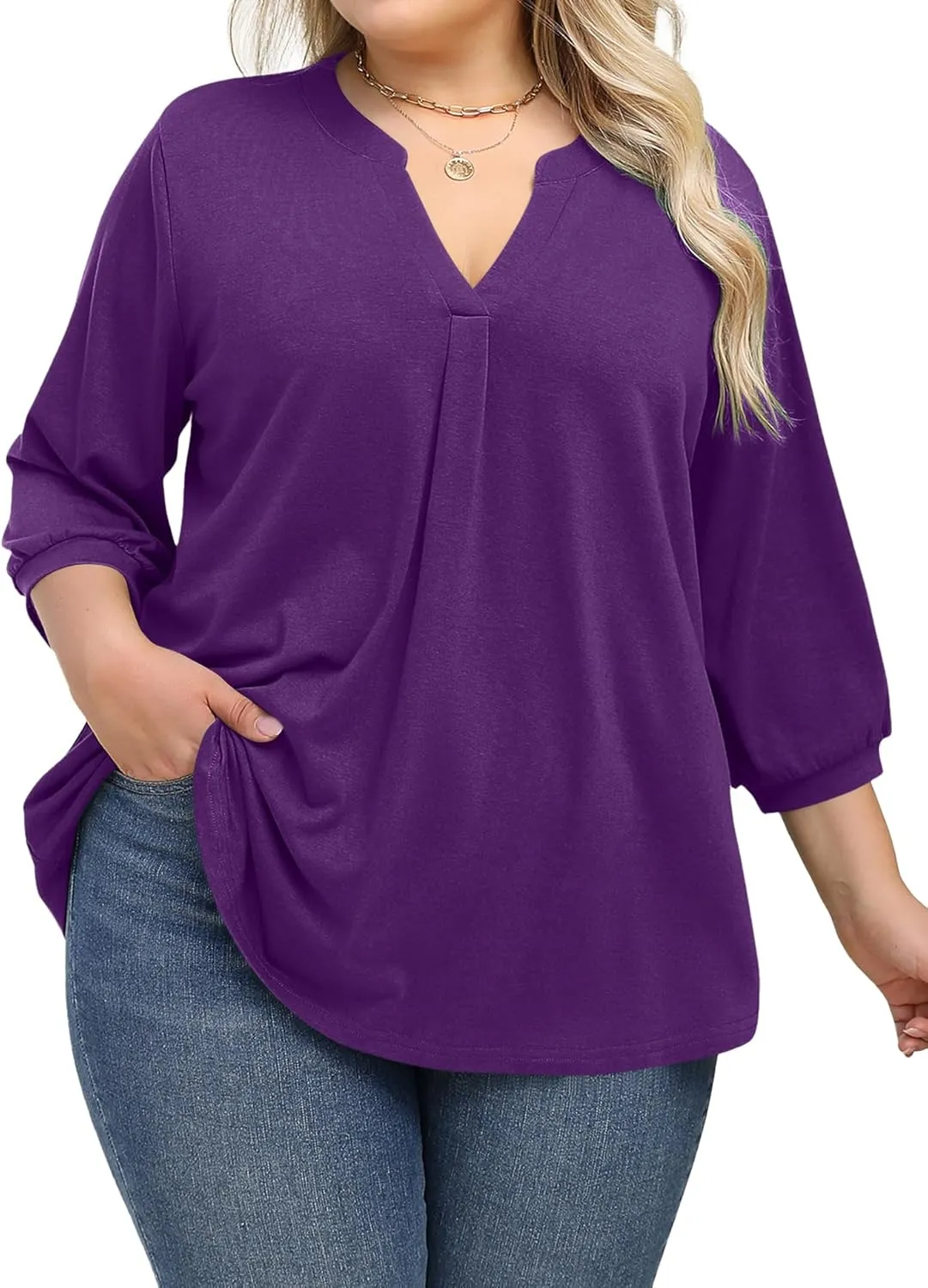 TFSDOD Plus Size Tops for Women 3/4 Length Puff Sleeve Tops V Neck T Shirts Spring Summer Tunics Tops Fashion 2025 XL-5XL