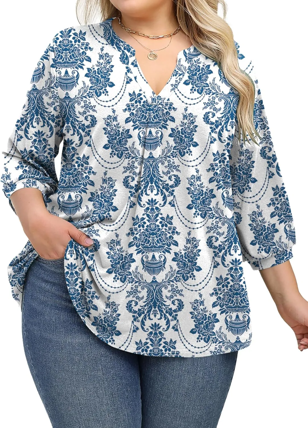 TFSDOD Plus Size Tops for Women 3/4 Length Puff Sleeve Tops V Neck T Shirts Spring Summer Tunics Tops Fashion 2025 XL-5XL