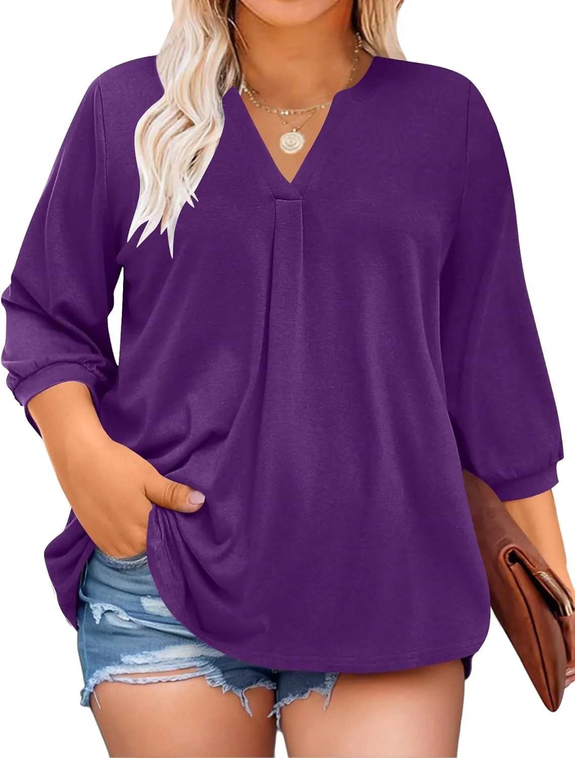TFSDOD Plus Size Tops for Women 3/4 Length Puff Sleeve Tops V Neck T Shirts Spring Summer Tunics Tops Fashion 2025 XL-5XL