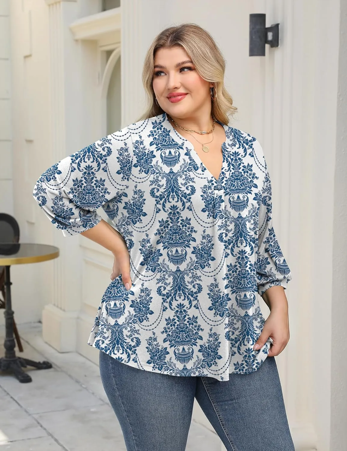 TFSDOD Plus Size Tops for Women 3/4 Length Puff Sleeve Tops V Neck T Shirts Spring Summer Tunics Tops Fashion 2025 XL-5XL