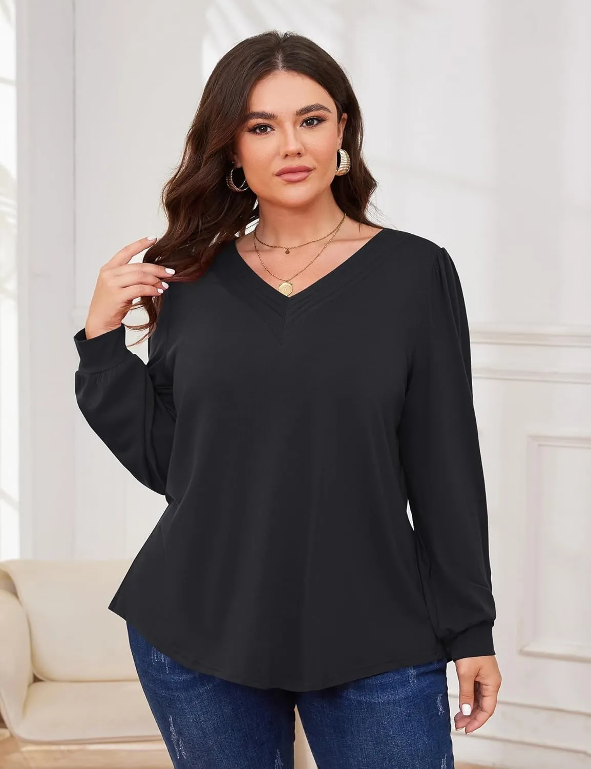 TFSDOD Plus Size Tops for Women Long Sleeve V Neck Shirts Dressy Casual Blouse Loose Fit Basic Tee Tshirt(1X-5X)