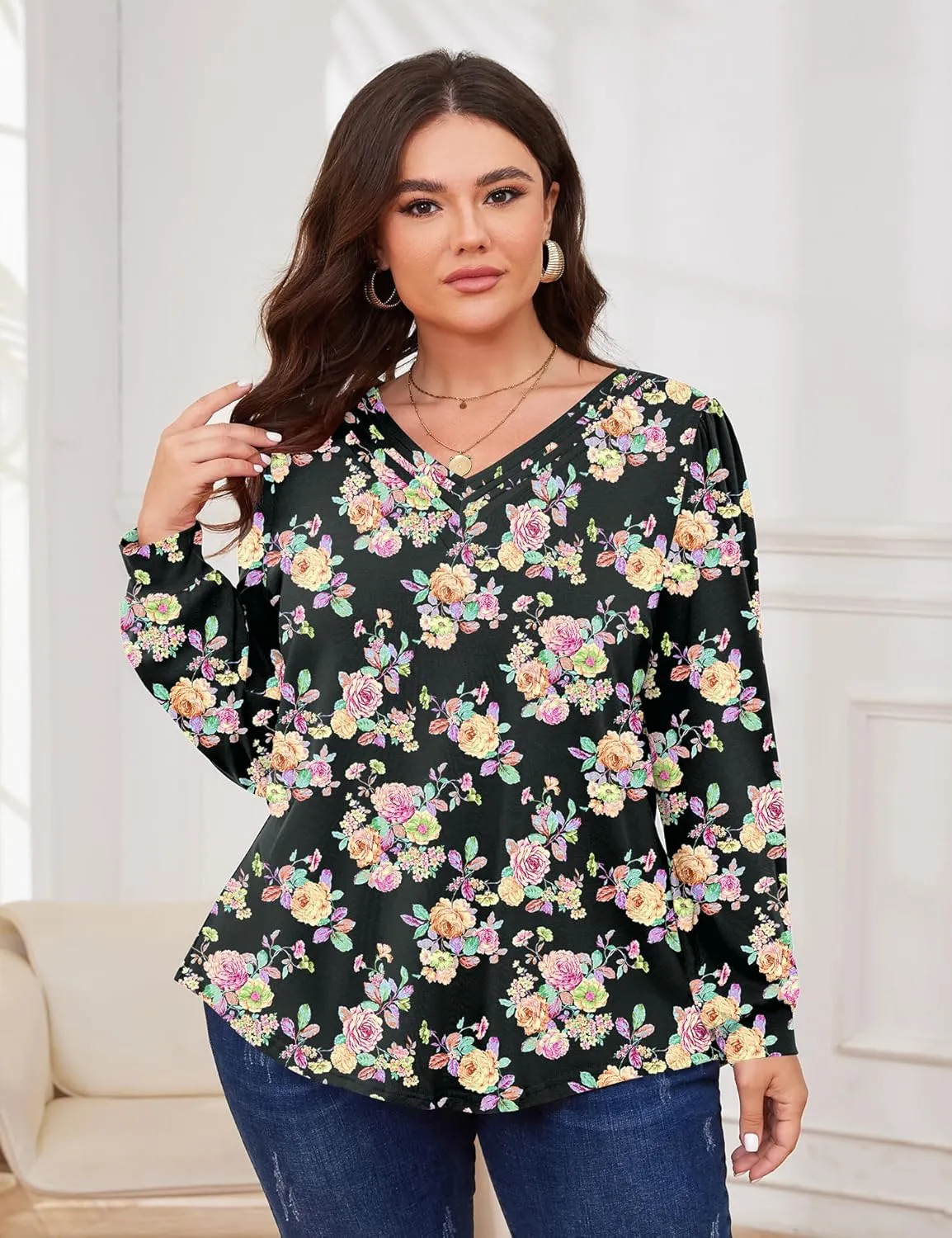TFSDOD Plus Size Tops for Women Long Sleeve V Neck Shirts Dressy Casual Blouse Loose Fit Basic Tee Tshirt(1X-5X)
