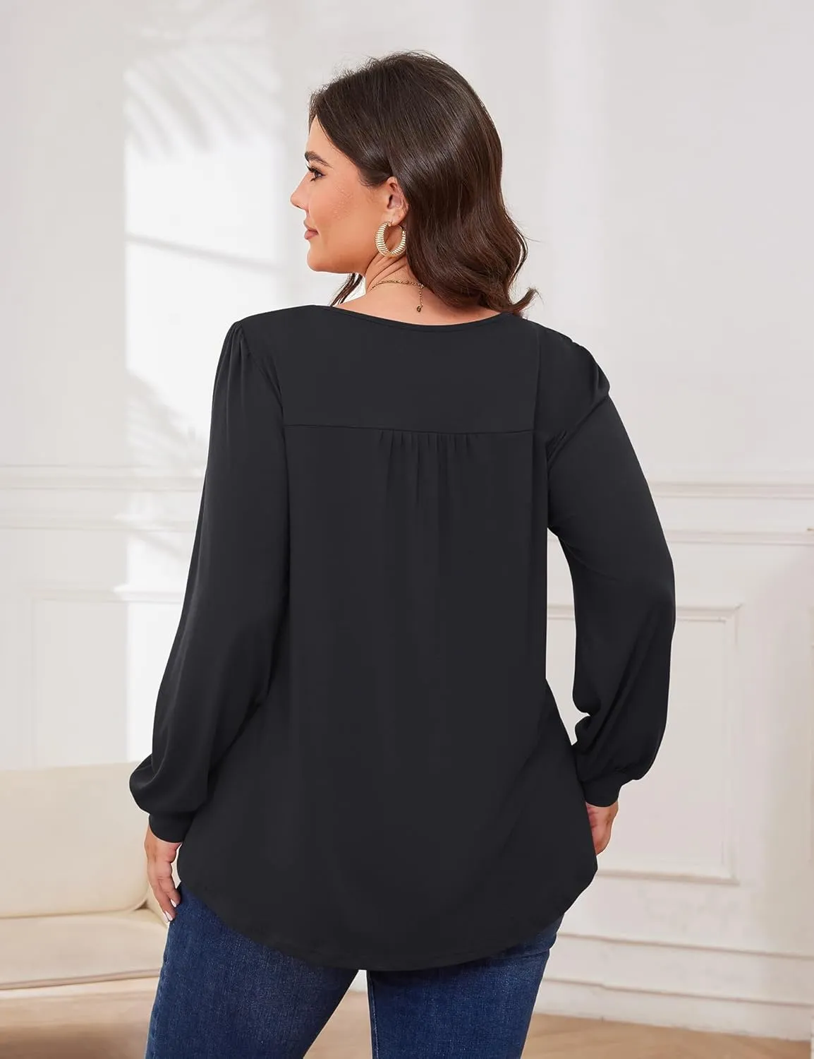 TFSDOD Plus Size Tops for Women Long Sleeve V Neck Shirts Dressy Casual Blouse Loose Fit Basic Tee Tshirt(1X-5X)