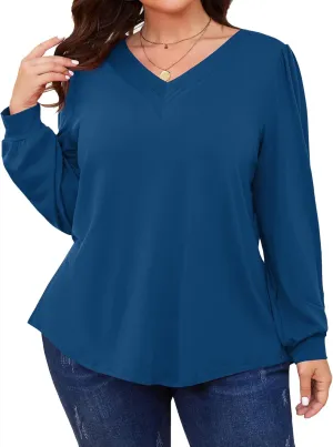 TFSDOD Plus Size Tops for Women Long Sleeve V Neck Shirts Dressy Casual Blouse Loose Fit Basic Tee Tshirt(1X-5X)