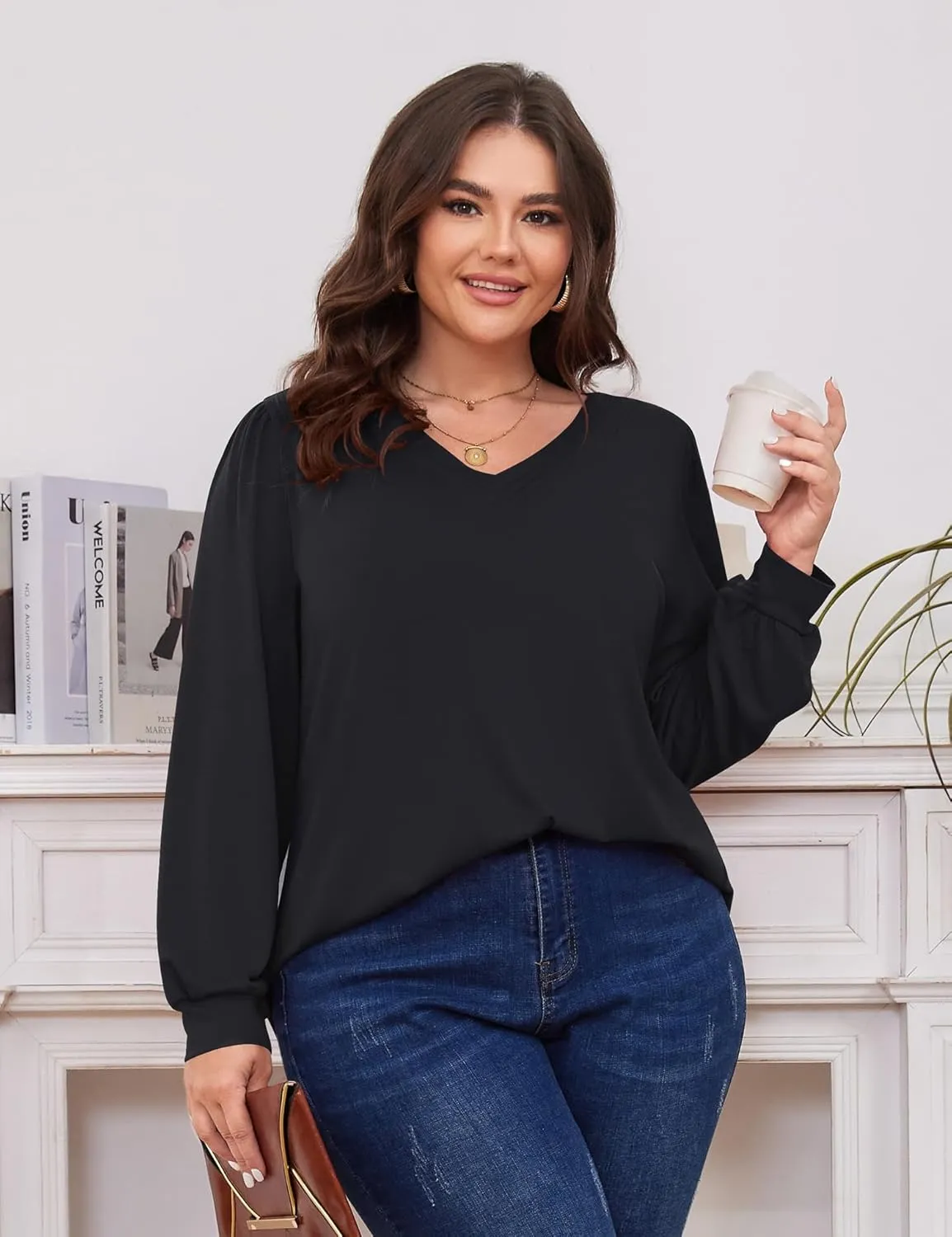 TFSDOD Plus Size Tops for Women Long Sleeve V Neck Shirts Dressy Casual Blouse Loose Fit Basic Tee Tshirt(1X-5X)
