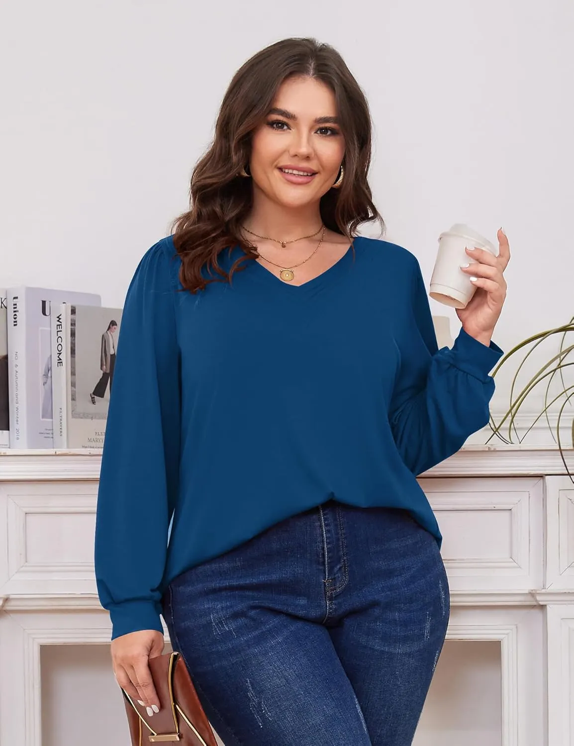 TFSDOD Plus Size Tops for Women Long Sleeve V Neck Shirts Dressy Casual Blouse Loose Fit Basic Tee Tshirt(1X-5X)