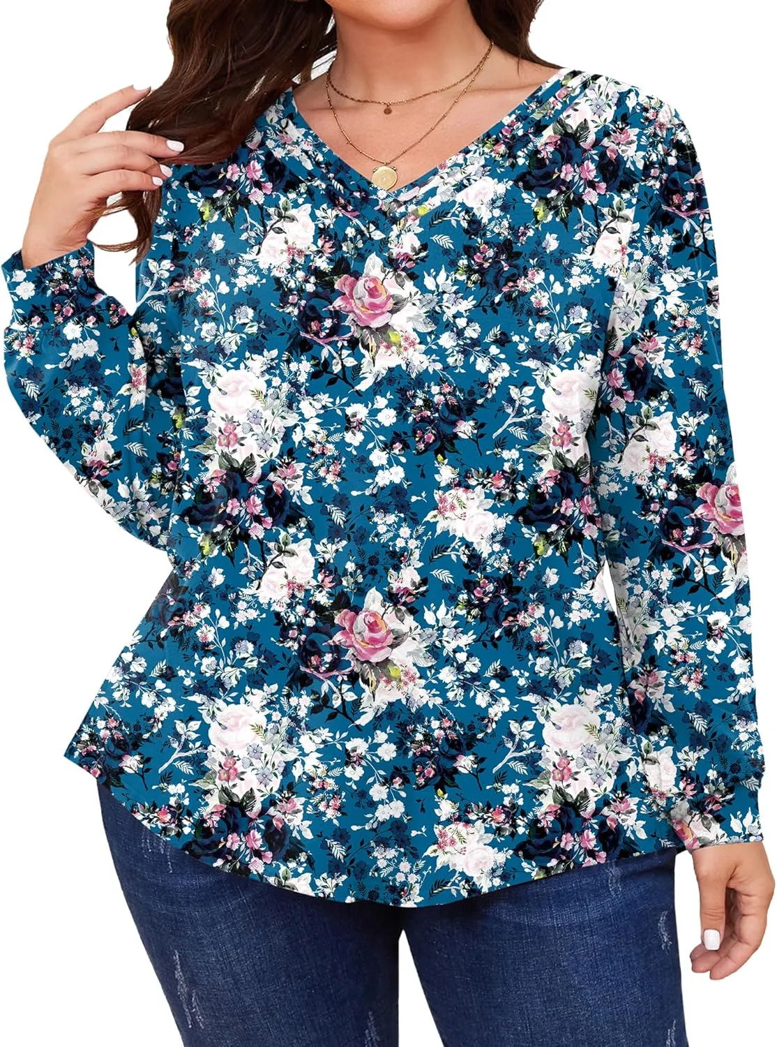 TFSDOD Plus Size Tops for Women Long Sleeve V Neck Shirts Dressy Casual Blouse Loose Fit Basic Tee Tshirt(1X-5X)