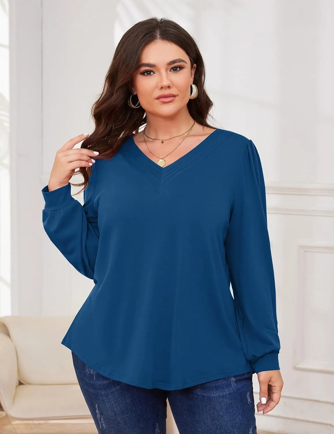 TFSDOD Plus Size Tops for Women Long Sleeve V Neck Shirts Dressy Casual Blouse Loose Fit Basic Tee Tshirt(1X-5X)