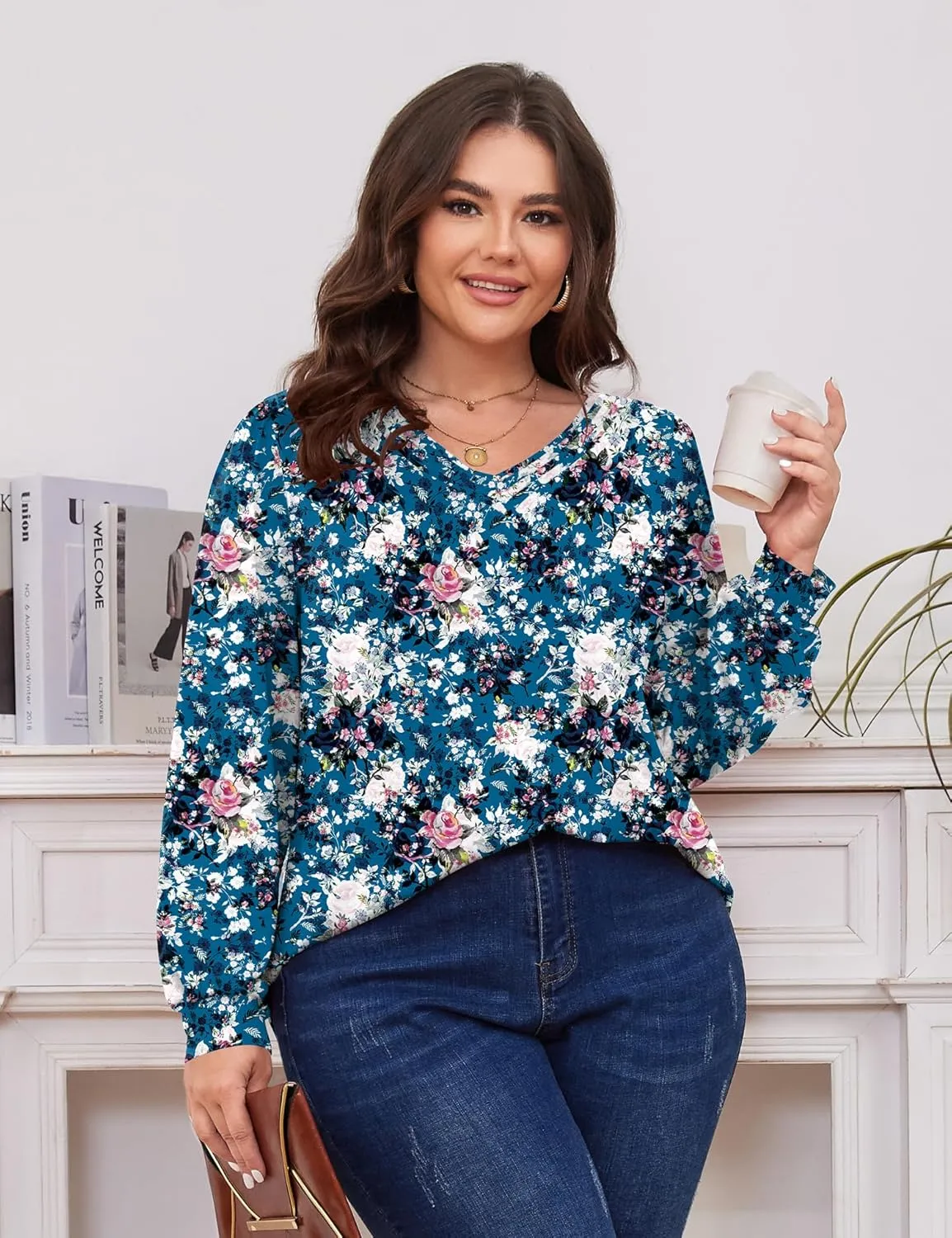 TFSDOD Plus Size Tops for Women Long Sleeve V Neck Shirts Dressy Casual Blouse Loose Fit Basic Tee Tshirt(1X-5X)
