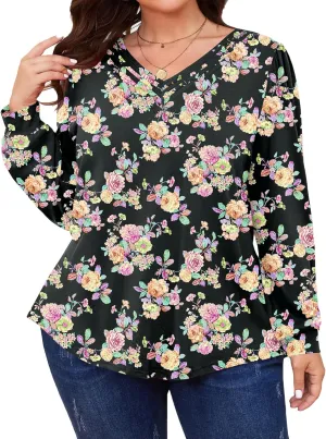 TFSDOD Plus Size Tops for Women Long Sleeve V Neck Shirts Dressy Casual Blouse Loose Fit Basic Tee Tshirt(1X-5X)