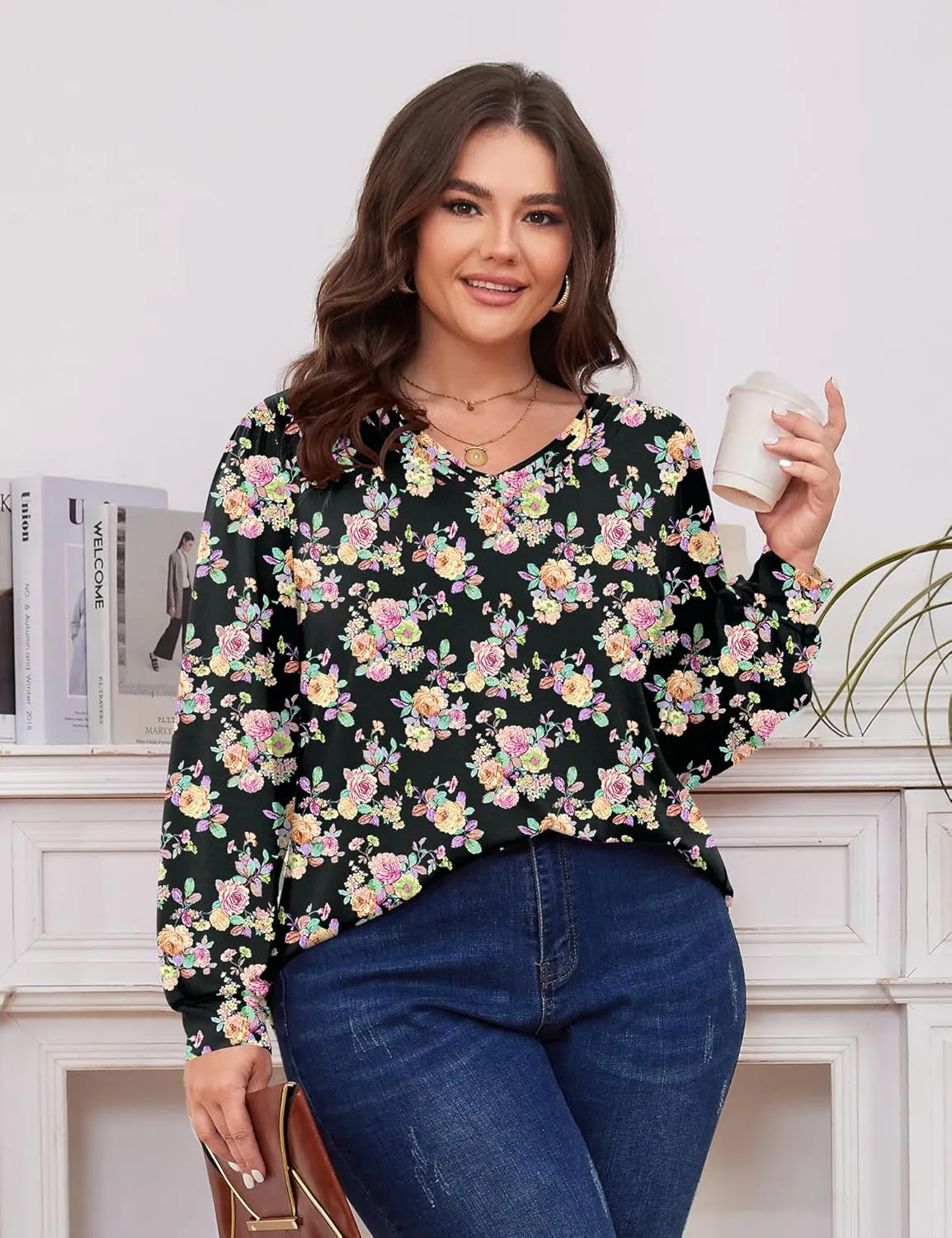 TFSDOD Plus Size Tops for Women Long Sleeve V Neck Shirts Dressy Casual Blouse Loose Fit Basic Tee Tshirt(1X-5X)