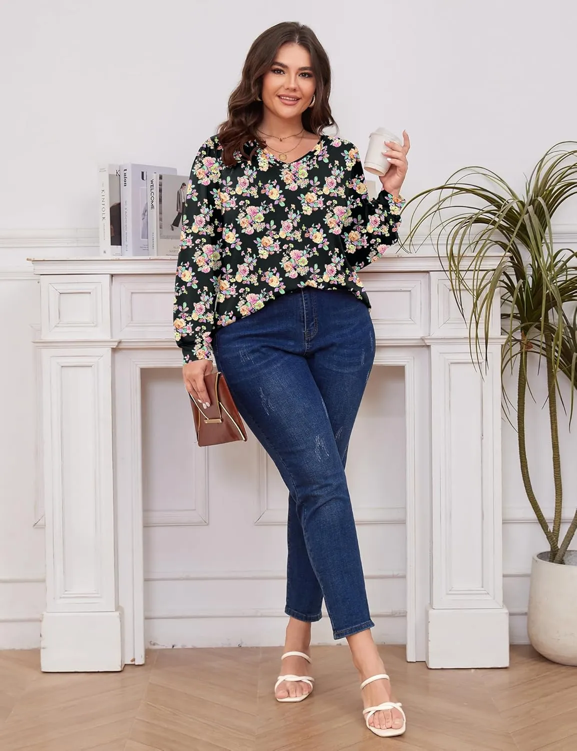 TFSDOD Plus Size Tops for Women Long Sleeve V Neck Shirts Dressy Casual Blouse Loose Fit Basic Tee Tshirt(1X-5X)