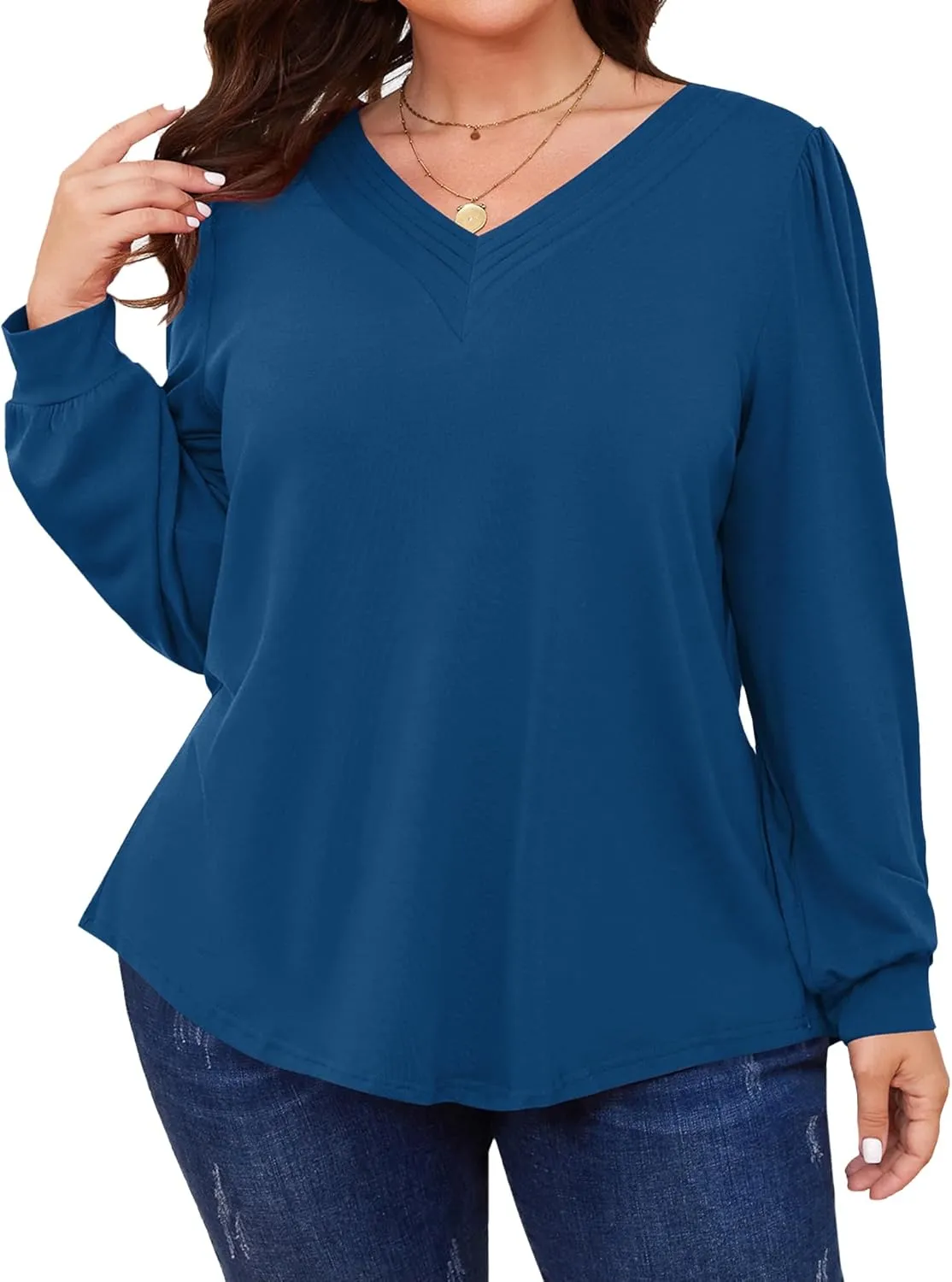 TFSDOD Plus Size Tops for Women Long Sleeve V Neck Shirts Dressy Casual Blouse Loose Fit Basic Tee Tshirt(1X-5X)