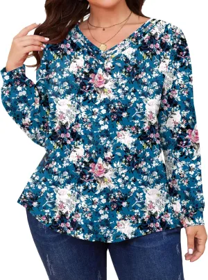 TFSDOD Plus Size Tops for Women Long Sleeve V Neck Shirts Dressy Casual Blouse Loose Fit Basic Tee Tshirt(1X-5X)