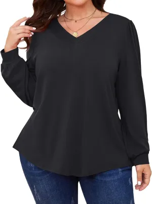 TFSDOD Plus Size Tops for Women Long Sleeve V Neck Shirts Dressy Casual Blouse Loose Fit Basic Tee Tshirt(1X-5X)