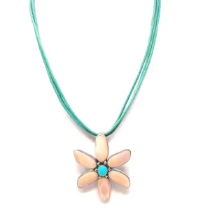 Thailand Seafoam Suede and Mother of Pearl Floral and Turquoise Necklace