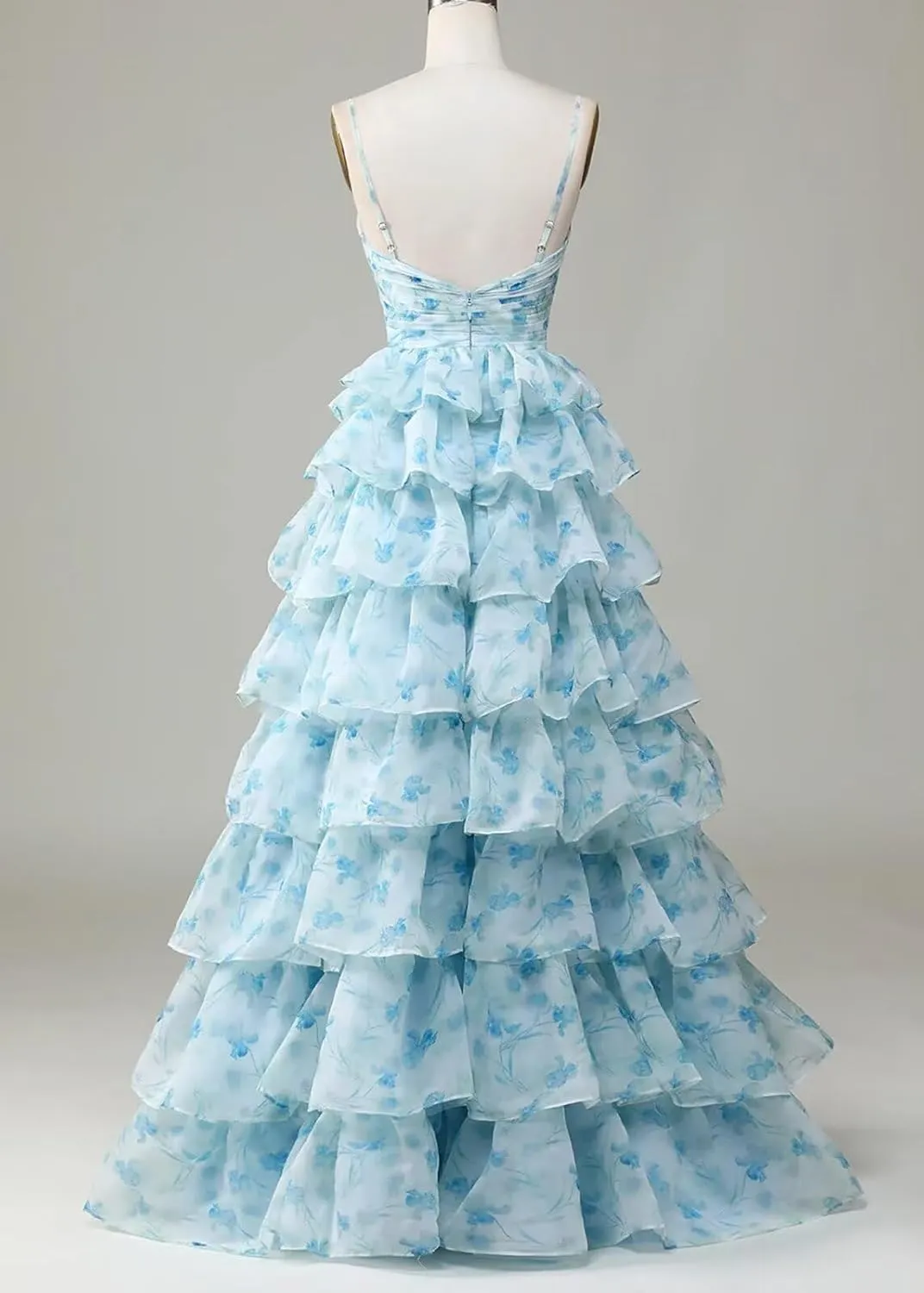 Tiered Chiffon Prom Dress Long Spaghetti Strap Sweetheart A Line Ruffle Formal Evening Ball Gowns for Women