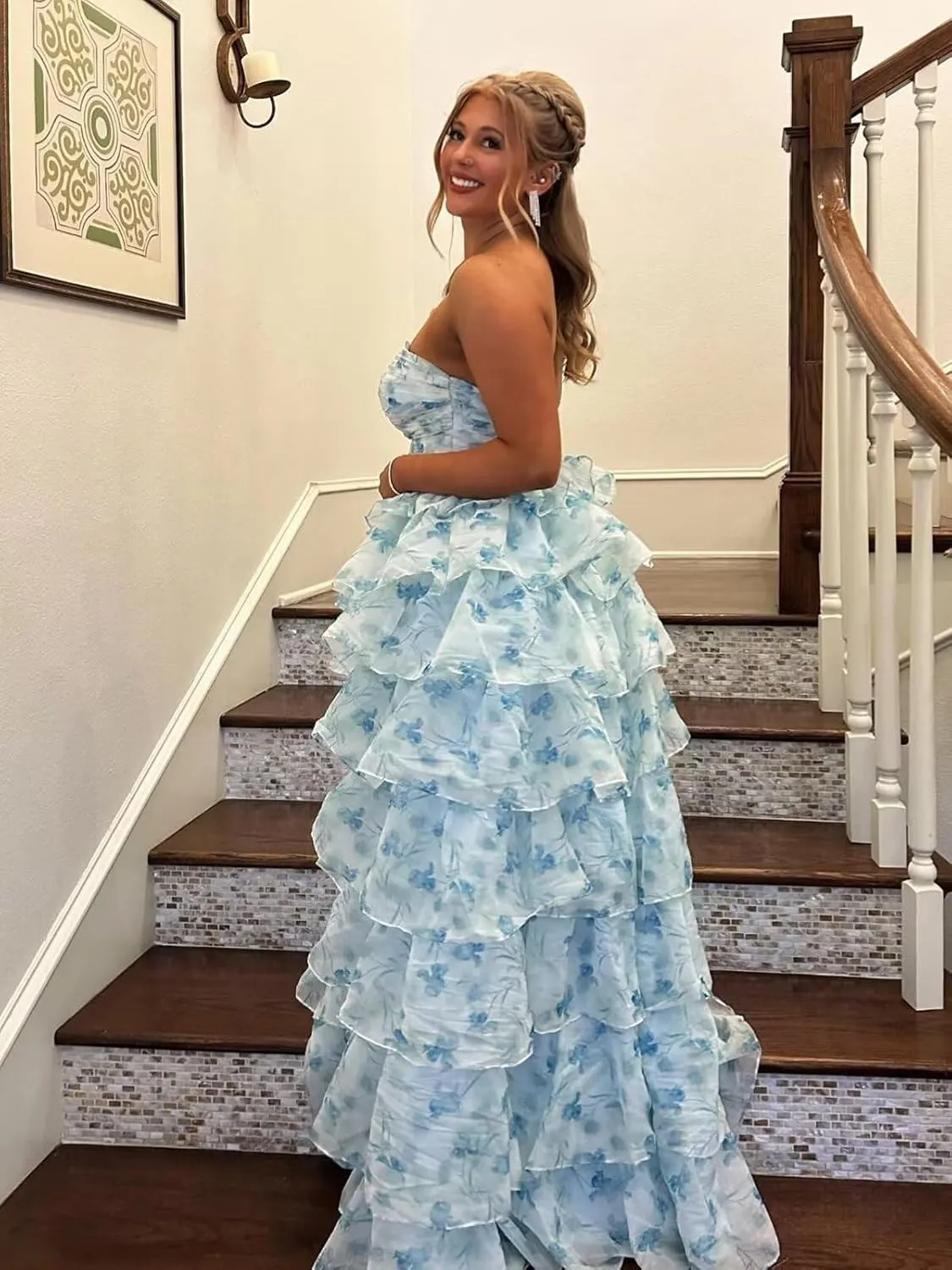 Tiered Chiffon Prom Dress Long Spaghetti Strap Sweetheart A Line Ruffle Formal Evening Ball Gowns for Women