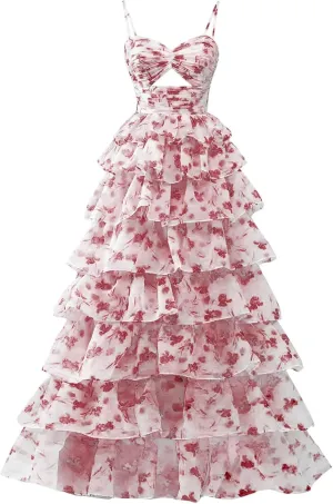 Tiered Chiffon Prom Dress Long Spaghetti Strap Sweetheart A Line Ruffle Formal Evening Ball Gowns for Women