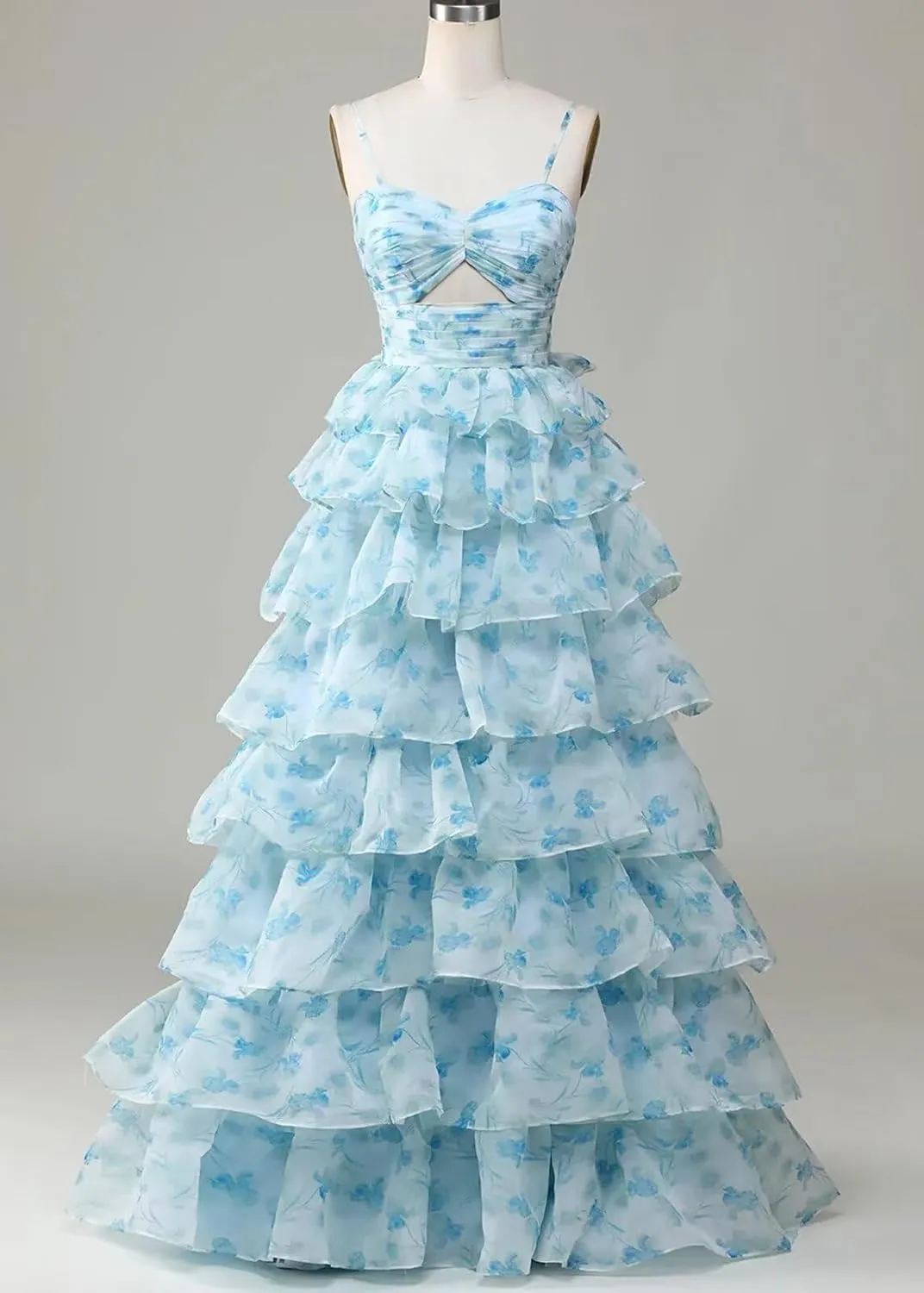 Tiered Chiffon Prom Dress Long Spaghetti Strap Sweetheart A Line Ruffle Formal Evening Ball Gowns for Women