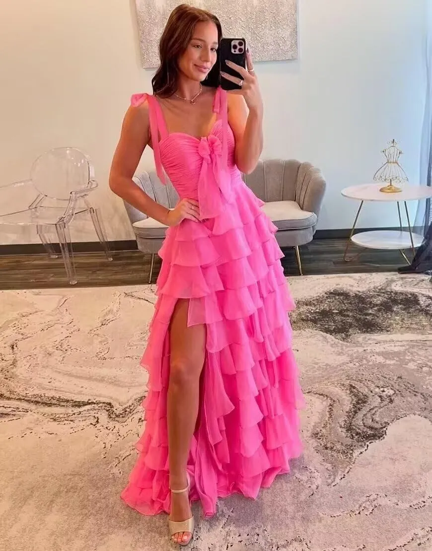 Tiered Spaghetti Strap Chiffon Prom Dress for Teens Sweetheart Prom Dresses for Women Bow Formal Evening Gowns with Split