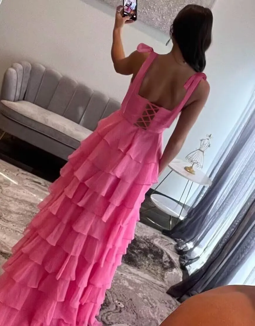 Tiered Spaghetti Strap Chiffon Prom Dress for Teens Sweetheart Prom Dresses for Women Bow Formal Evening Gowns with Split